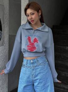 Dazy Designer Letter & Cartoon Graphic Drop Shoulder Crop Sweatshirt,Fall Clothes - Blue - View 3
