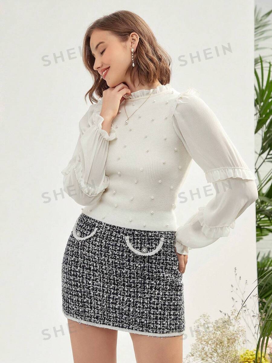 Enchnt Falda ajustada ribete en contraste tweed - Negro - Ver 1