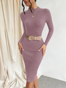 Cloudara Mock Neck Split Thigh Sweater Dress - Pink - View 5