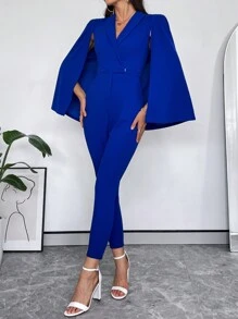 SHEIN Privé 斗篷袖青果領素色連身褲 - 藍色 - 查看 6