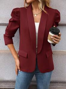 SHEIN Clasi Khăn quàng Ống tay áo Mở Mặt trước Áo vest - Màu Đỏ Sâu - Xem 5