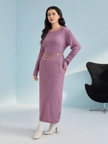 Mulvari Plus Marled Knit Sweater Dress Without Belt - Purple - View 3