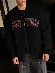 Manfinity Men's Baggy Baseball Collar Padded Coat With Drop Shoulder And Letter Graphic Design - Black - View 1