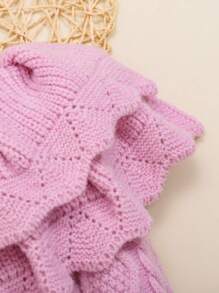 SHEIN 女嬰多層荷葉邊小高領小絨球細節套頭毛衣 - 粉色 - 查看 4