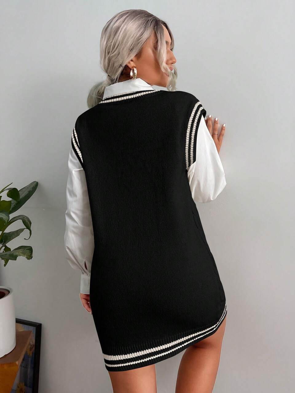 Striped Trim Cable Knit Sweater Dress Without Shirt