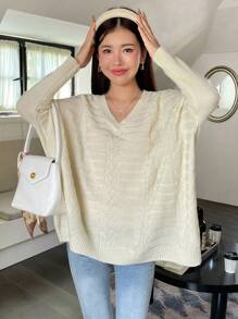 SHEIN Unity Jersey de punto de cable sólido para otoño e invierno - Albaricoque - Ver 6