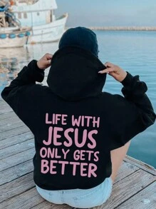 SHEIN EZwear Slogan Graphic Drop Shoulder Drawstring Hoodie - Black - View 1