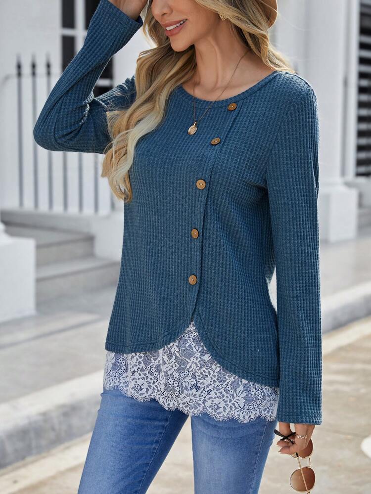 Contrast Lace Hem Button Front Tee