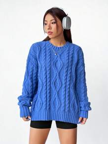SHEIN EZwear Women's Drop Shoulder Round Neck Sweater - Royal Blue - View 5
