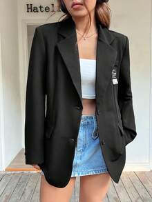 SHEIN EZwear Chi tiết Patched thư Ngực đơn Áo vest - màu đen - Xem 4