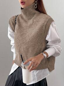 Dazy Star High Neck Sweater Vest Without Blouse - Khaki - View 1