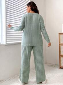 SHEIN LUNE Plus Ribbed Knit Tee & Pants - Mint Green - View 2