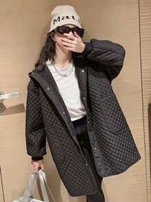 SHEIN Tween Girl Solid Drop Shoulder Quilted Hooded Padded Coat - Black - View 3