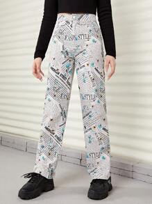 Teen Girl Floral & Slogan Graphic Straight Leg Pants