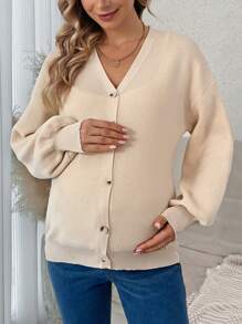 SHEIN Maternity Drop Shoulder Button Front Cardigan, For Winter - Apricot - View 1