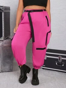 SHEIN CURVE+ Hơn Túi nắp bên cạnh Buckled Thắt lưng Quần Cargo - Nhiều màu - Xem 4