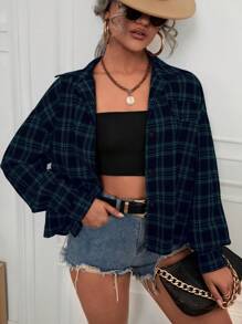 SHEIN Essnce 格紋印花落肩袖夾克 - 綠色 - 查看 1