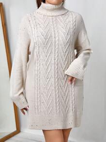 Celure 大碼高領麻花編織落肩袖毛衣洋裝 - 彩色 - 查看 1