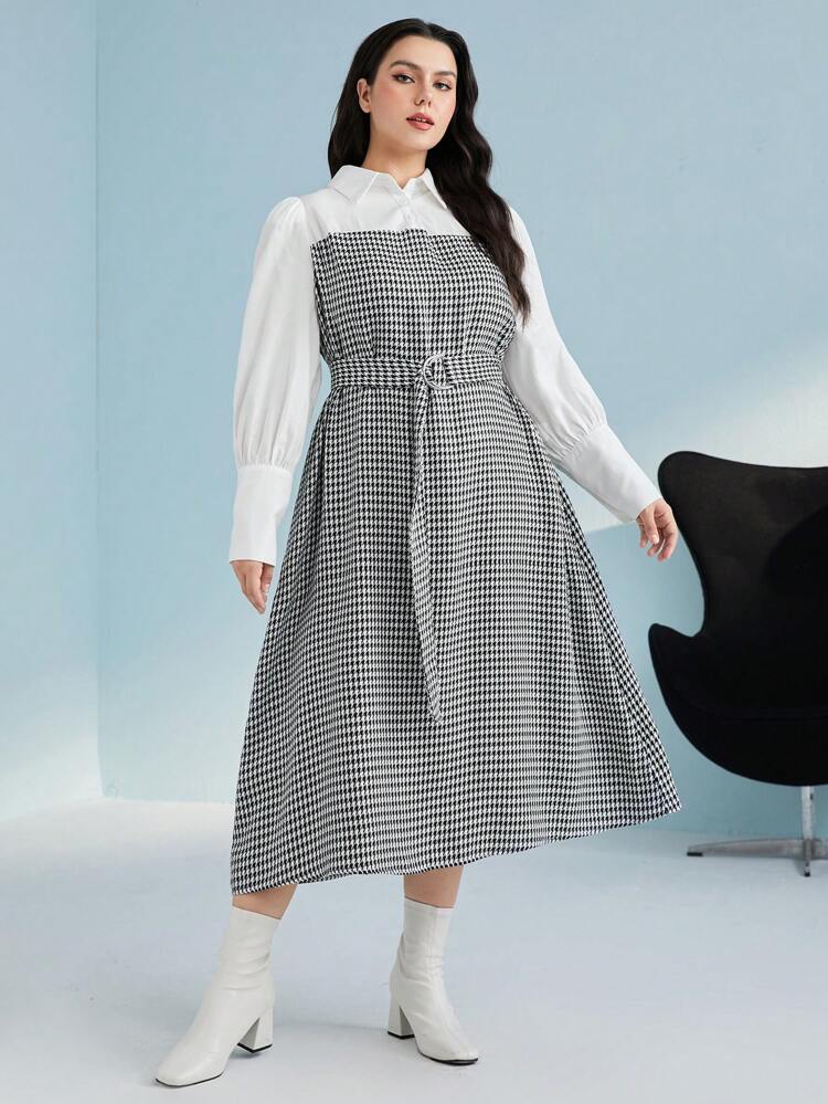 Plus Houndstooth Print Belted 2 In 1 Dress