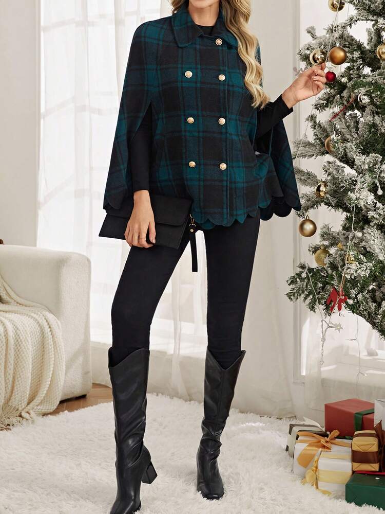 1pc Plaid Print Scallop Trim Double Breasted Cape Overcoat