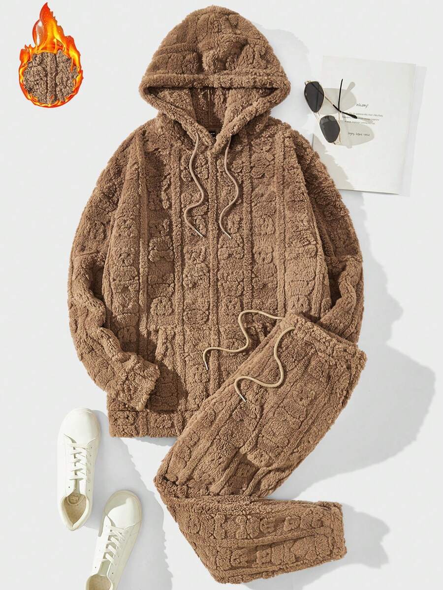 Manfinity RebelGame Men Zip Up Drawstring Hooded Teddy Jacket & Pants - Khaki - View 1