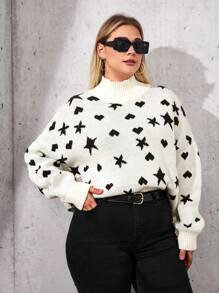 SHEIN Cottnline Plus Size Heart & Star Pattern Turtleneck Sweater Pull-Over - Apricot - View 5