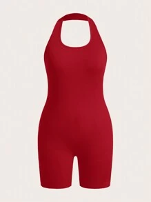 SHEIN EZwear 大碼素色繞頸露背條紋針織連身短褲 - 紅色 - 查看 1