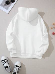SHEIN EZwear Đồ họa chữ & hoa Túi kangaroo Dây rút Hoodie - trắng - Xem 2