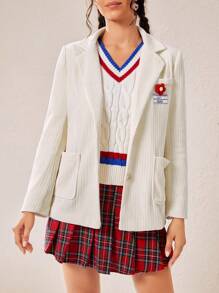SHEIN EZwear Letter Patched Detail Pocket Front Corduroy Blazer