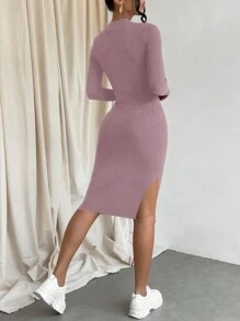 Cloudara Mock Neck Split Thigh Sweater Dress - Pink - View 2