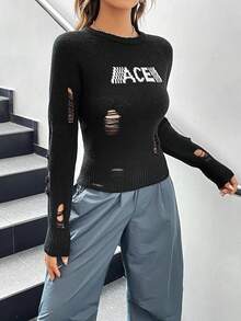 SHEIN EZwear Mẫu chữ Rách Áo len - màu đen - Xem 3