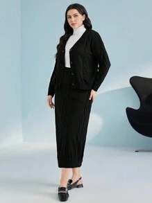 Mulvari Plus Cable Knit Drop Shoulder Belted Cardigan & Knit Skirt - Black - View 4