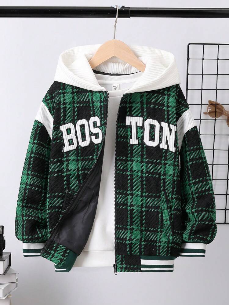 Tween Boy Plaid Print Embroidery Detail Striped Trim Hooded Jacket Without Tee