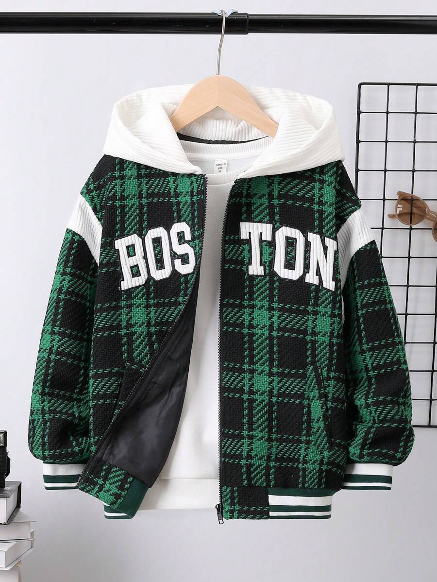 SHEIN Tween Boy Plaid Print Embroidery Detail Striped Trim Hooded Jacket Without Tee - Multicolor - View 1