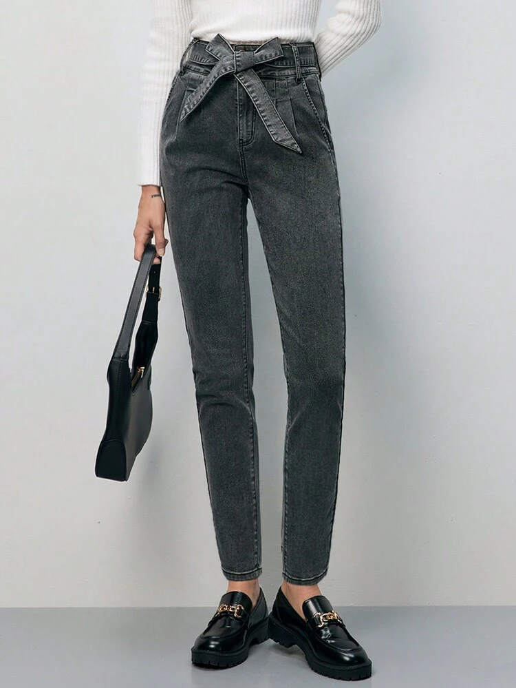 Ultra High Waist Belted Mom Fit Jeans