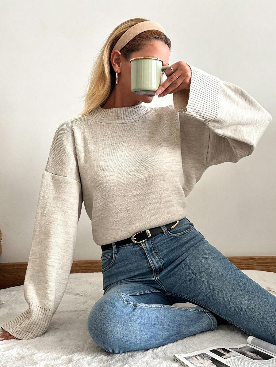 EURMUSE Solid Drop Shoulder Sweater - Beige - View 1