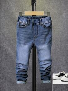 SHEIN 男小童斜口袋彈性腰帶牛仔褲 - 深色水洗藍 - 查看 1