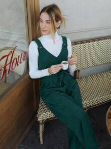 SHEIN Frenchy Solid Belted Corduroy Overall Jumpsuit Without Tee - Green - View 3