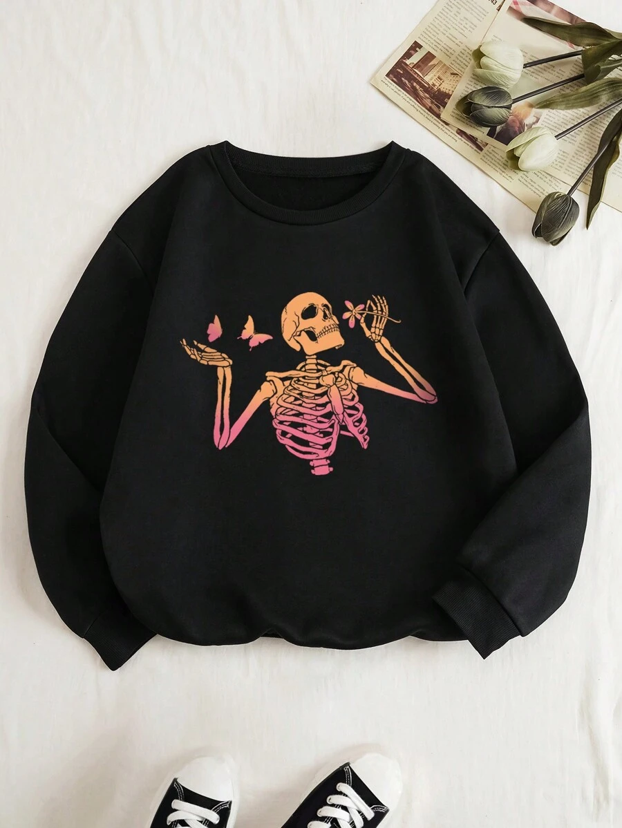 SHEIN EZwear In Bộ xương Lót nhiệt Áo nỉ - màu đen - Xem 1