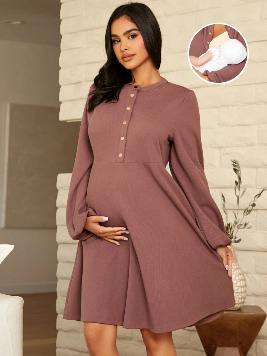 SHEIN Maternity Half Button Lantern Sleeve Dress - Dusty Pink - View 1
