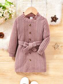 SHEIN Đứa bé gái Nút phía trước Thắt lưng Đồ đan Ribbed Đầm - Hồng - Xem 1