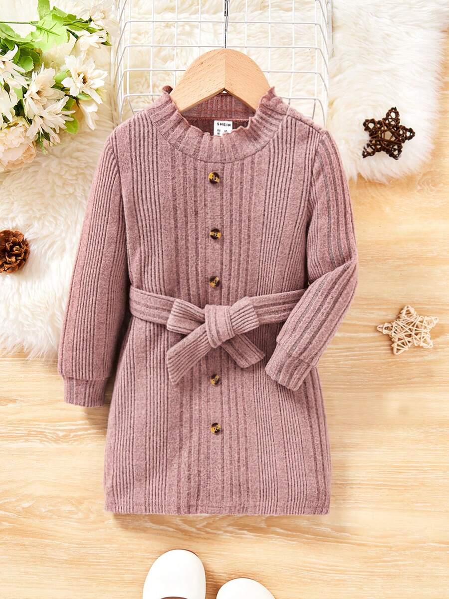 SHEIN Đứa bé gái Nút phía trước Thắt lưng Đồ đan Ribbed Đầm - Hồng - Xem 1