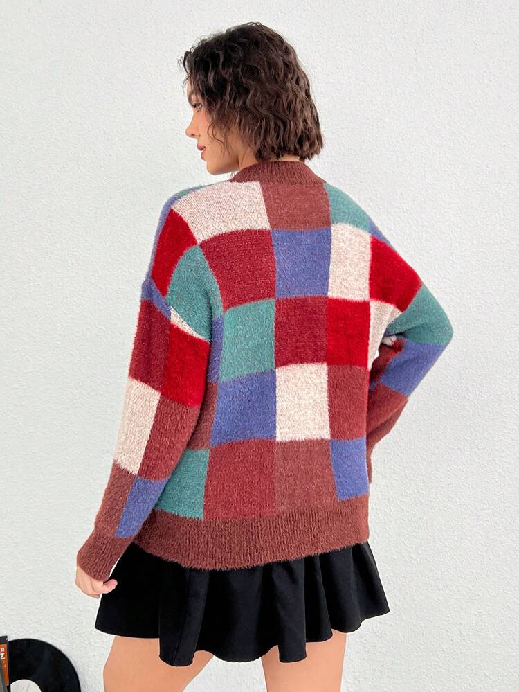 Plus Plaid Pattern Drop Shoulder Sweater