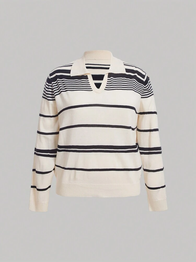 Plus Striped Pattern Drop Shoulder Sweater