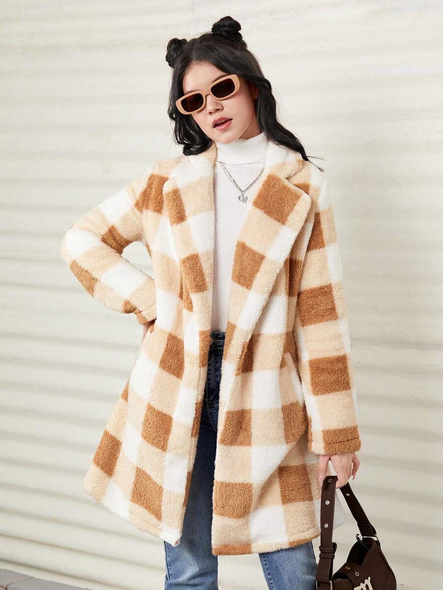 SHEIN 女孩子格紋毛茸茸夾克 - 棕色 - 查看 1