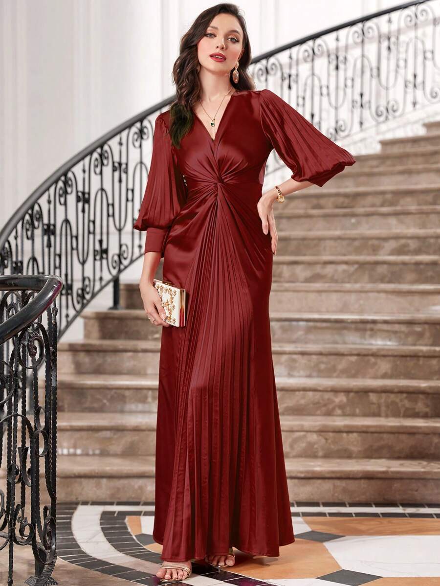Twist Front Pleated Hem Satin Dress - Red - View 1
