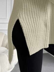 EURMUSE High Neck Drop Shoulder Split Hem Sweater - Beige - View 5