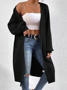 SHEIN Frenchy Áo khoác cardigan thả vai hai túi - màu đen - Xem 4