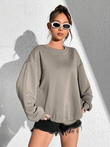 SHEIN EZwear 女士復古仙人掌印花圓領運動衫，適合秋冬穿著 - 深灰色 - 查看 5