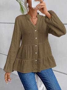 Breezaya Gola Entalhado Manga Lanterna Bainha Com Babado Blusa Bata - Caqui - Ver 6